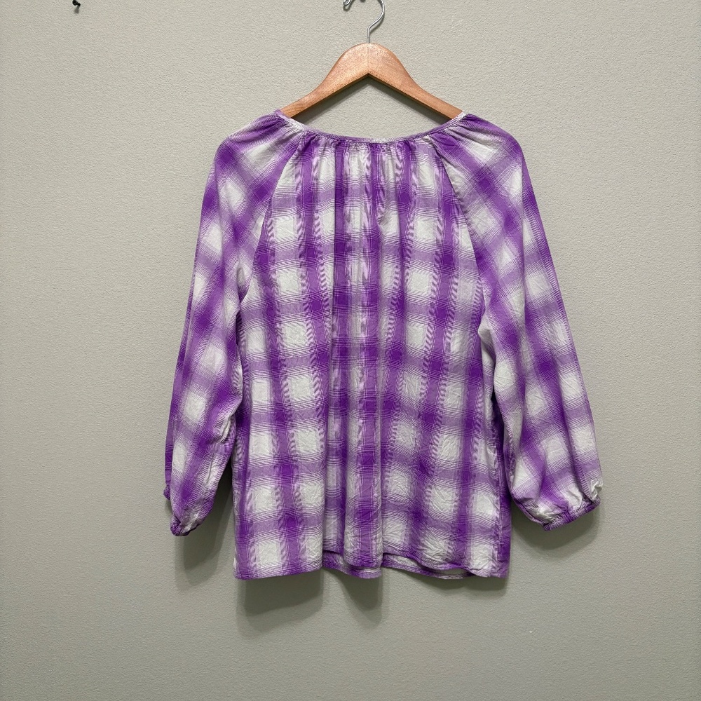 LOFT Purple White Plaid Split Neck Peasant Blouse XL EUC - Picture 6 of 7